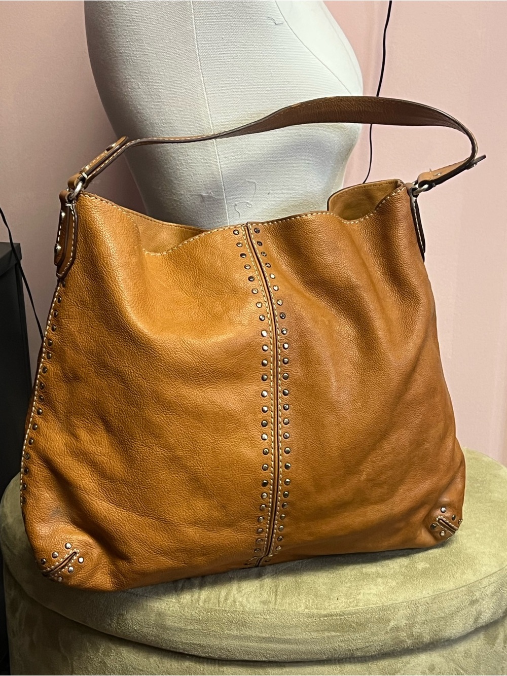 Michael Kors Cognac Leather Stud-Accent Shoulder Hobo